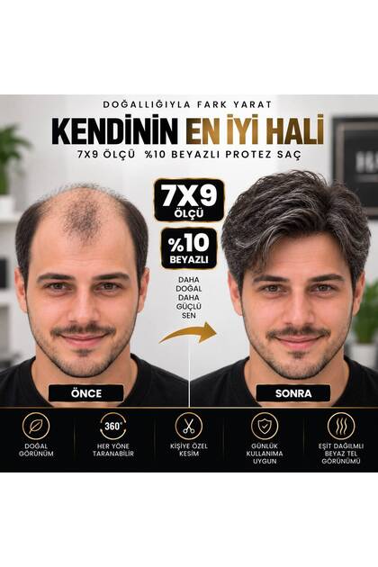 7X9 %10 BEYAZLI PROTEZ SAÇ – DOĞAL BEYAZ GEÇİŞİYLE GERÇEKÇİ SAÇ GÖRÜNÜMÜ, SERBEST ŞEKİLLENDİRME