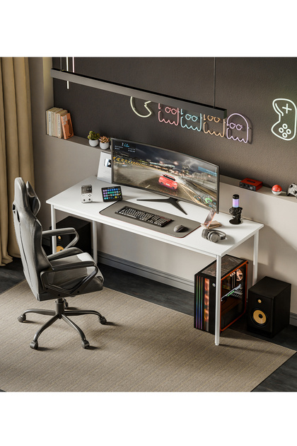 (60X160 BEYAZ BEYAZ) Oyuncu Masası Gaming Masa Bilgisayar Çalışma Ofis Masası Metal Ayaklı Gamer Masası