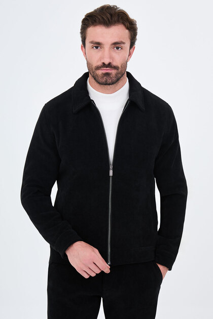 Ribbed Slim Fit Shirt Collar Zippered Velvet Men's Coat Black - 39700.26K