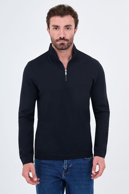 Textured Slim Fit Stand Collar Zippered Long Sleeve Men's T-Shirt Navy Blue - 36901.26K