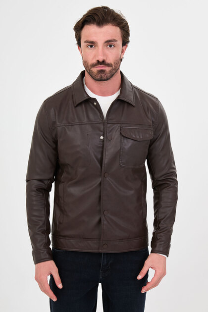 Textured Slim Fit Shirt with Collar Snap Fasteners Faux Leather Men's Coat Brown - 39692.26K