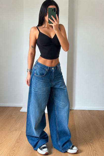 Baggy Women's Blue Low Waist Jean Pants Loose Fit Wide Leg 5 Pockets Comfortable Fit Denim Trousers Wide Leg Balloon Cut