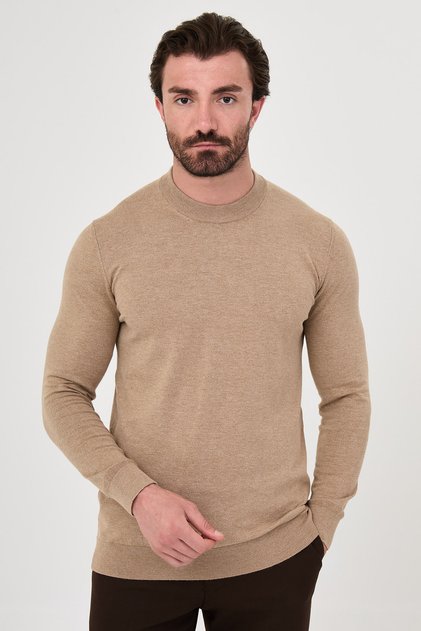 Plain Patterned Slim Fit High Crew Neck Cashmere Men's Knitwear Sweater Mink - 11613.26K