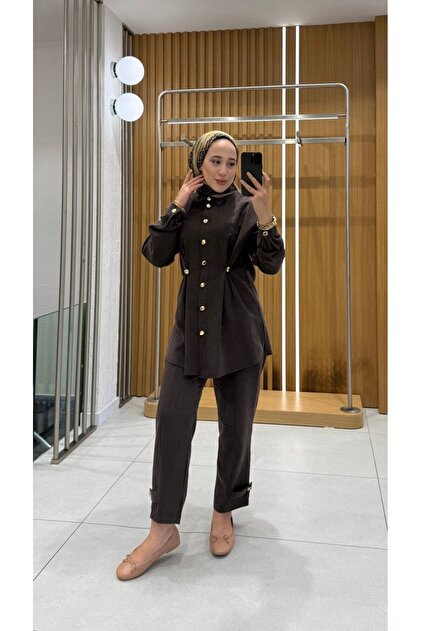 Kadın Tencel Kumaş Altın Düğme Detaylı Şık İkili Takım 8679