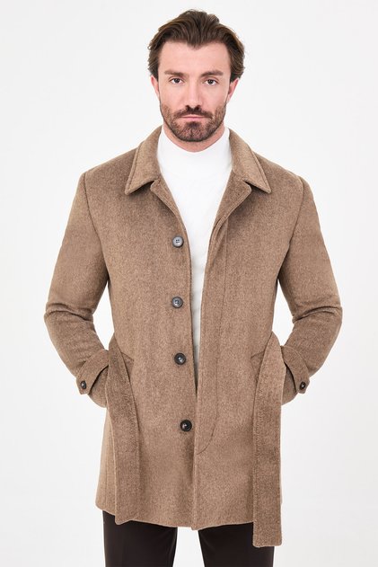Düz Slim Fit Gömlek Yaka Kuşaklı Kaşe Erkek Kaban Kahve - 21288.23K