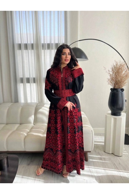 جلابية كريب فاخرة درجة أولى بتطريز كامل أمامي وخلفي مع سحاب - ليالي الجلابية