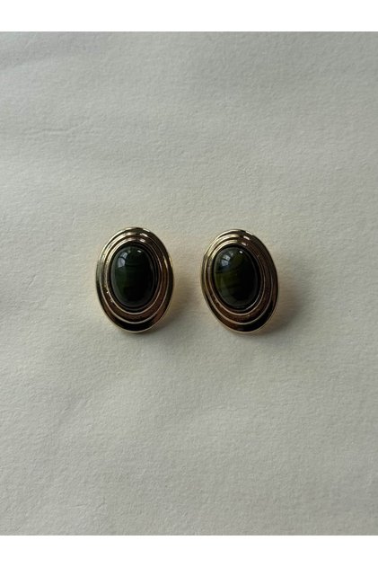 Gold Oval Çerçeveli Koyu Yeşil Taşlı Vintage Küpe