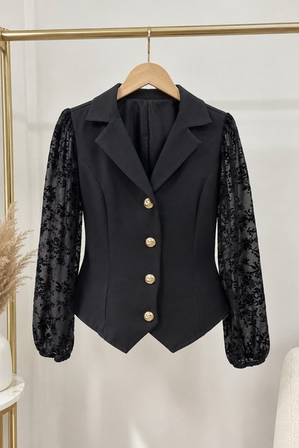 Kadın Siyah Blazer Yelek Şifon Çiçek Desenli Kol Detaylı