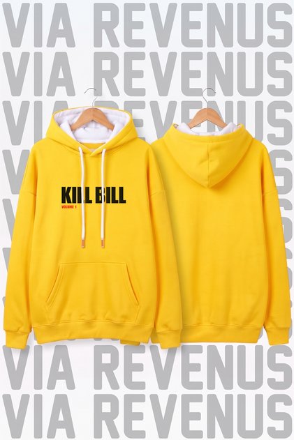 Kill Bill Printed Yellow Wide Fit Hoodie - 3 Thread Fleece Hood Lining with Rope Detail