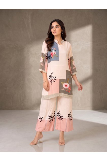 Women co-ord set, Ivory Colour-Block Floral Print