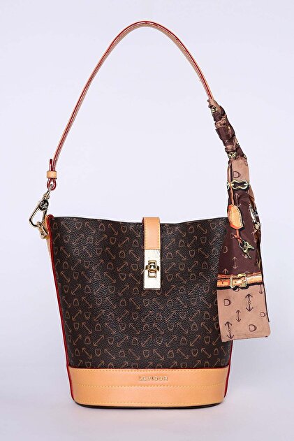 Coffee Patterned Shoulder Bag with Scarf Detail