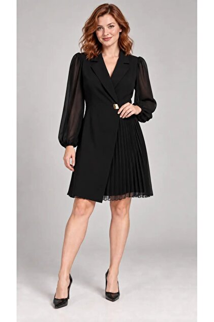 Women's Black Double-Breasted Collar Gold Buckle Chiffon Sleeves Pleated Blazer Dress Hzl26S-Stp2169