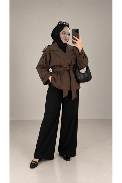 V-Neck Belted Trench Coat Brown