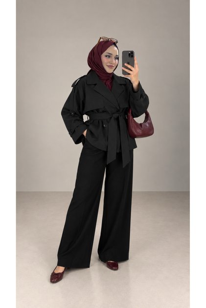 V-Neck Belted Trench Coat Black