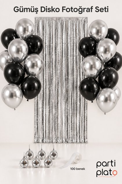 Black Silver Disco Birthday Decoration Set with 20 Balloons, 6 Mirrored Balls and 100X200 cm Curtain