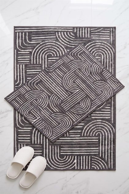 Raye Anthracite Cotton Woven 2-Piece Bath Mat | Washable Non-Slip, Latex Base (60X100 + 50X60)