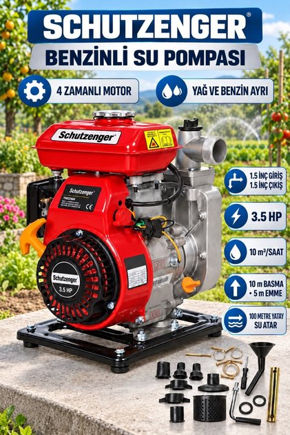 4 ZAMANLI BENZİNLİ SU POMPASI 3.5 Hq 1.5 Inç ÇIKIŞ 100mt YATAY ATAR TARLA BAHÇE SULAMA 5 mt EMİŞ KIR