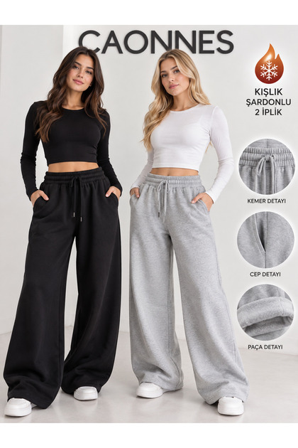 Winter Women's 2-Piece Sweatpants (Black-Grey) Oversize Comfortable Fit Wide Leg Washable Anti-Pilling