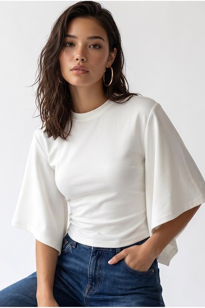 2239 Women's Volan Sleeve Crew Neck Waist Accent Blouse White