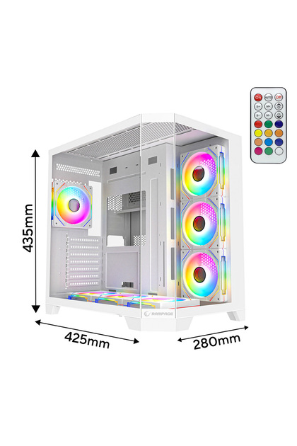 MEGA V1 3 Taraf Temp. Camlı 7x12cm ARGB Fan+Kumanda Beyaz Oyuncu Kasası