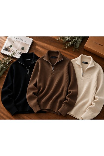 Advantageous 3-Piece Set Beige Brown Black Men's Casual Half-Zip Winter Knitwear Thessaloniki Sweater