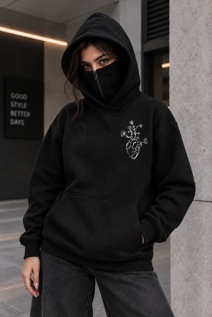Unisex Oversize Masked Hooded Sweatshirt with Zipper for Face Protection Printed Hoodie