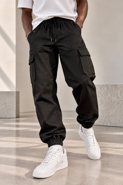 Men's Relaxed Fit Cargo Jogger Pants with Elastic Cuffs - Black Dm3535