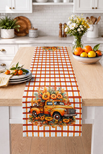 Vintage Balkabağı ve Çiçekli Klasik Kamyonet Figürlü Kareli Dijital Baskılı Runner Masa Dekoru 40x14
