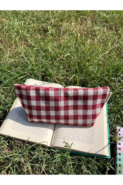 Bordo Pötikareli Yıkanabilir Fermuarlı Tek Gözlü Bez Kalemlik Kalem Kutusu Cüzdan Makyaj Çantası