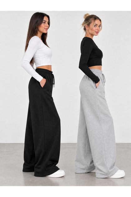 Winter Women's 2-Piece Sweatpants (Black-Grey) Oversize Comfortable Fit Wide Leg Washable Anti-Pilling