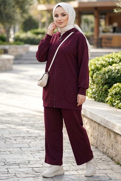 Pullu Oysh Modal Takım Bordo - 28919-BORDO