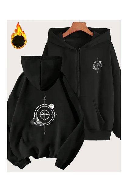 Sweatshirt Zippered Cardigan - Black Printed Oversized Winter Hoodie with Pockets