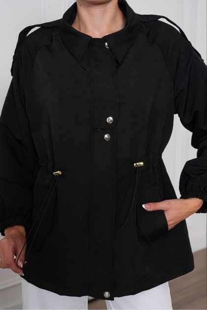 Women's Black Epaulet Detailed Waist Gathered Lightweight Jacket Pc4408