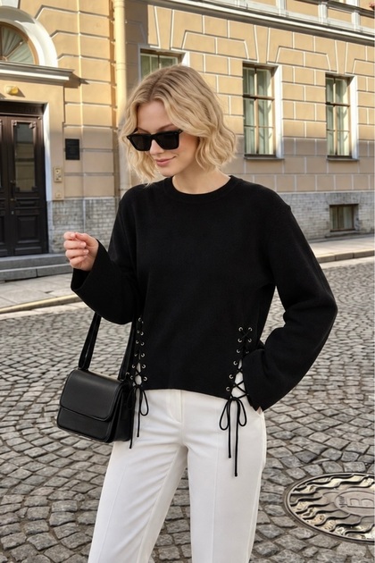 Women's Black Side-Lace Crew Neck Knit Sweater
