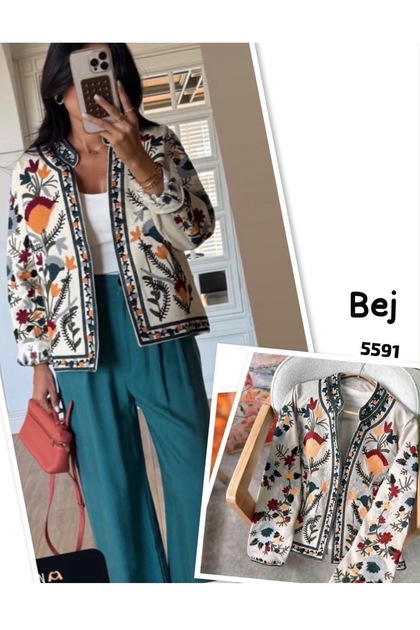Women's Ecru Embroidered Jacket Floral Embroidered V-Neck Long Sleeve Stylish Jacket