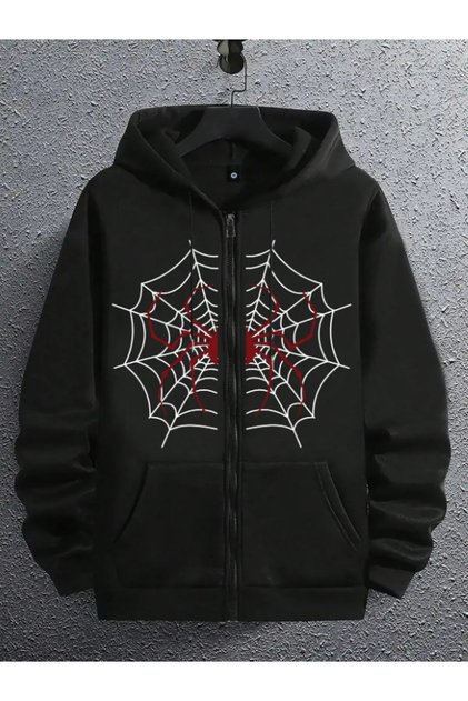 Unisex Cardigan - Black Network Special Printed Winter Oversize Hooded Zipper