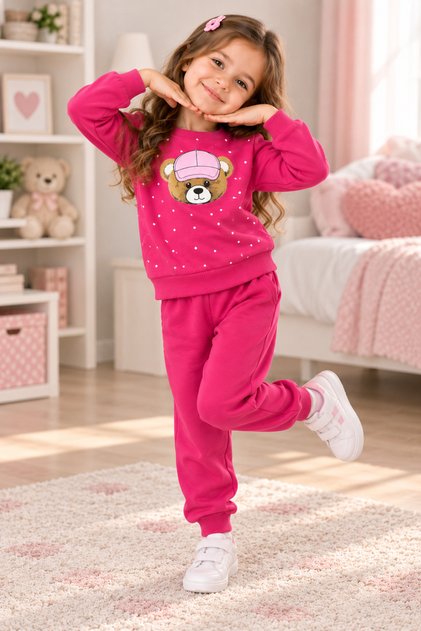 Girl's Plush Teddy Bear Printed 2-Piece Tracksuit Set