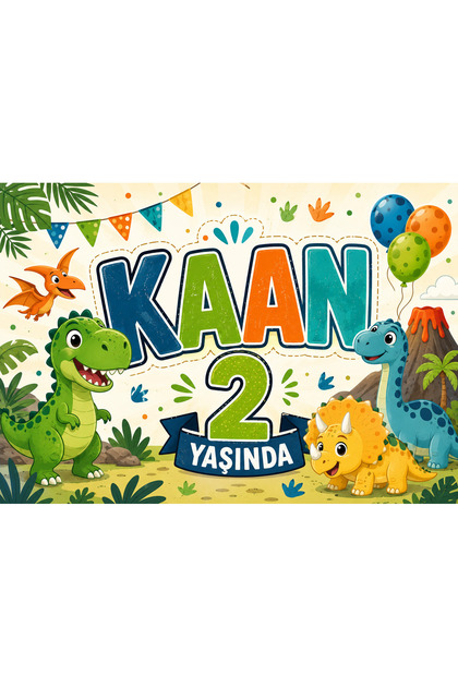 Dinozor Temalı Doğum Günü Branda – Kişiye Özel 2 Yaş Doğum Günü Pankartı Çocuk Parti Dekoru | 100x70 cm Vinil Baskı Minik kaşiflerin en eğlenceli doğum günü!