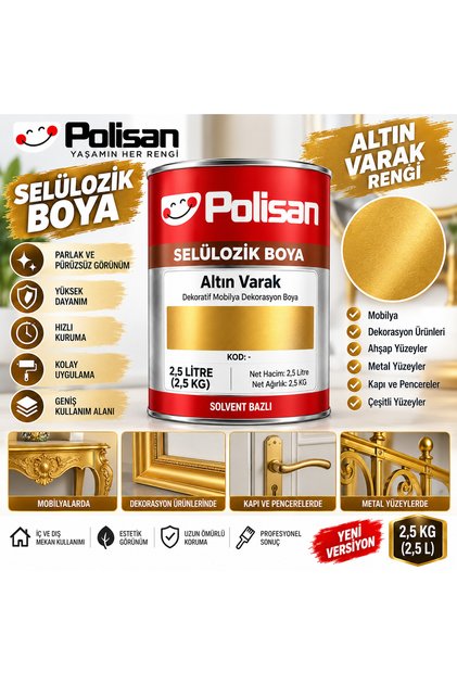 Selülozik Altın Varak Rengi Dekoratif Mobilya Dekorasyon Boya 2.5 Kg (2,5 L)