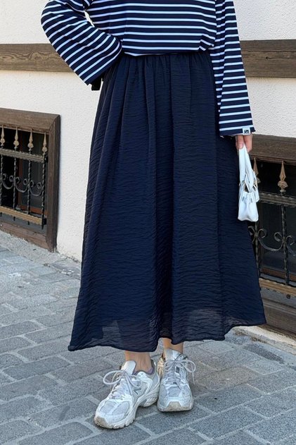 Belted Pocketed Hijab Skirt Navy Blue
