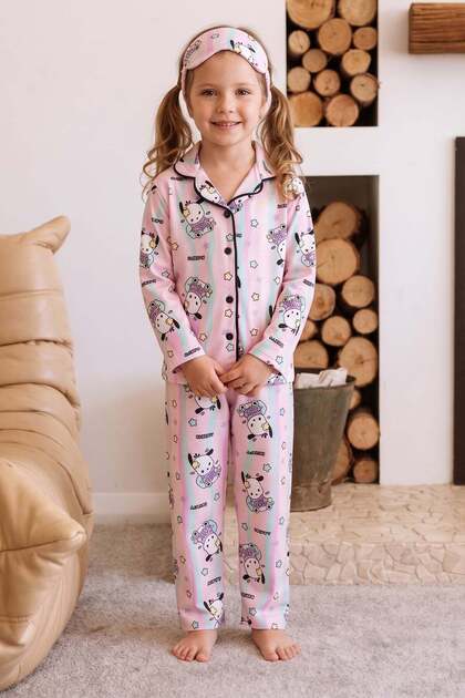 Happy Patterned Buttoned Sleep Band Girls' 3-Piece Pajama Set