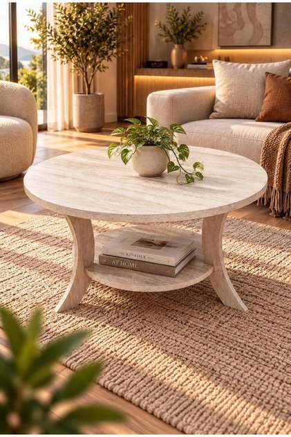 Orta Sehpa Traverten Desen 75 cm Çap - MDF Ayak 46 cm Yükseklik Modern Orta Sehpa Traverten