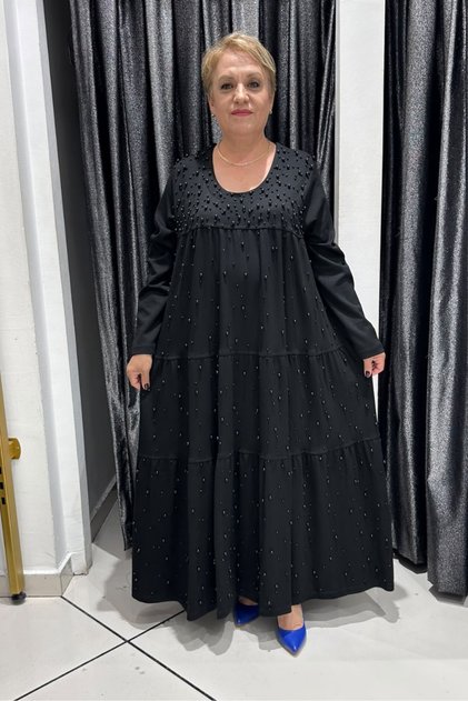 Büyük Beden Katmanlı Tasarım İnci Süslemeli Elbise