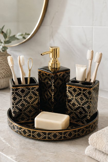 5 Parça Seramik Banyo Seti Siyah-Gold Desenli HZ034-1