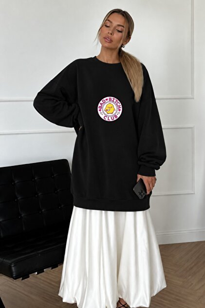 Women's Oversize Sweatshirt Dress Bad Club Black – Crew Neck, 3 Thread Raster Fleece