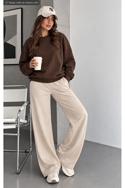 Women's Wide Leg Loose-Fit Sweatpants - High-Waisted Plain Sports Trousers