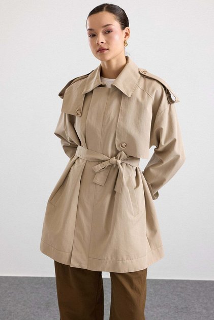 Water Repellent Trench Coat with Zipper Closure and Cape and Epaulet Detail Stone 6919