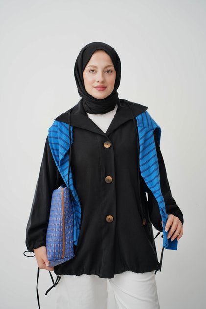 Women's Oversized Jacket with Drawstring Sleeves and Pockets - Black