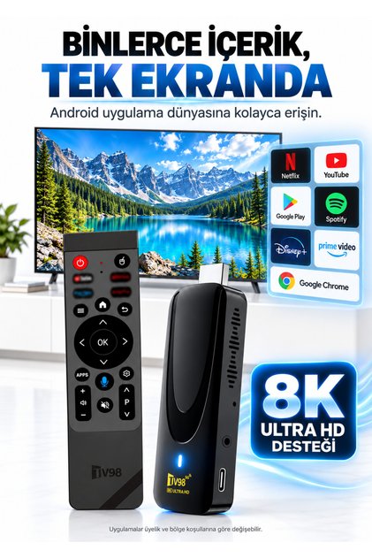 TV98+ Android TV Stick 8K Destekli Sesli Asistan Kumanda PC Wi-Fi 6 BT 5.0 TV Alıcısı Akıllı Android TV Stick 2GB RAM 16 GB Hafıza