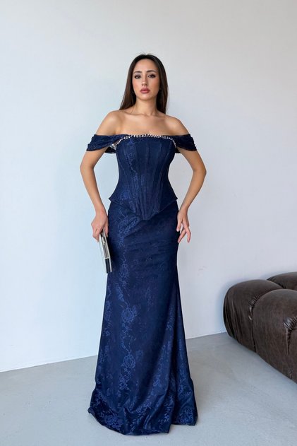 Navy Blue Off-Shoulder Bustier Detailed Lace Long Evening Dress